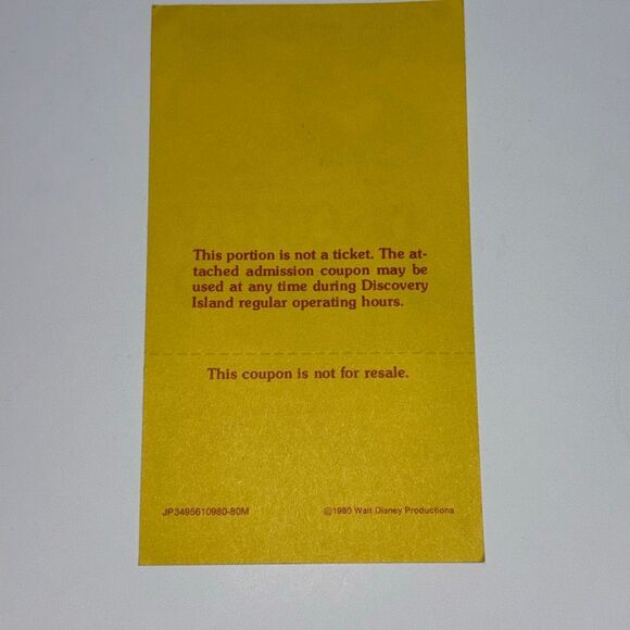DISNEY Ticket Walt Disney World Discovery Island Complimentary Unused 1980 - Picture 2 of 4
